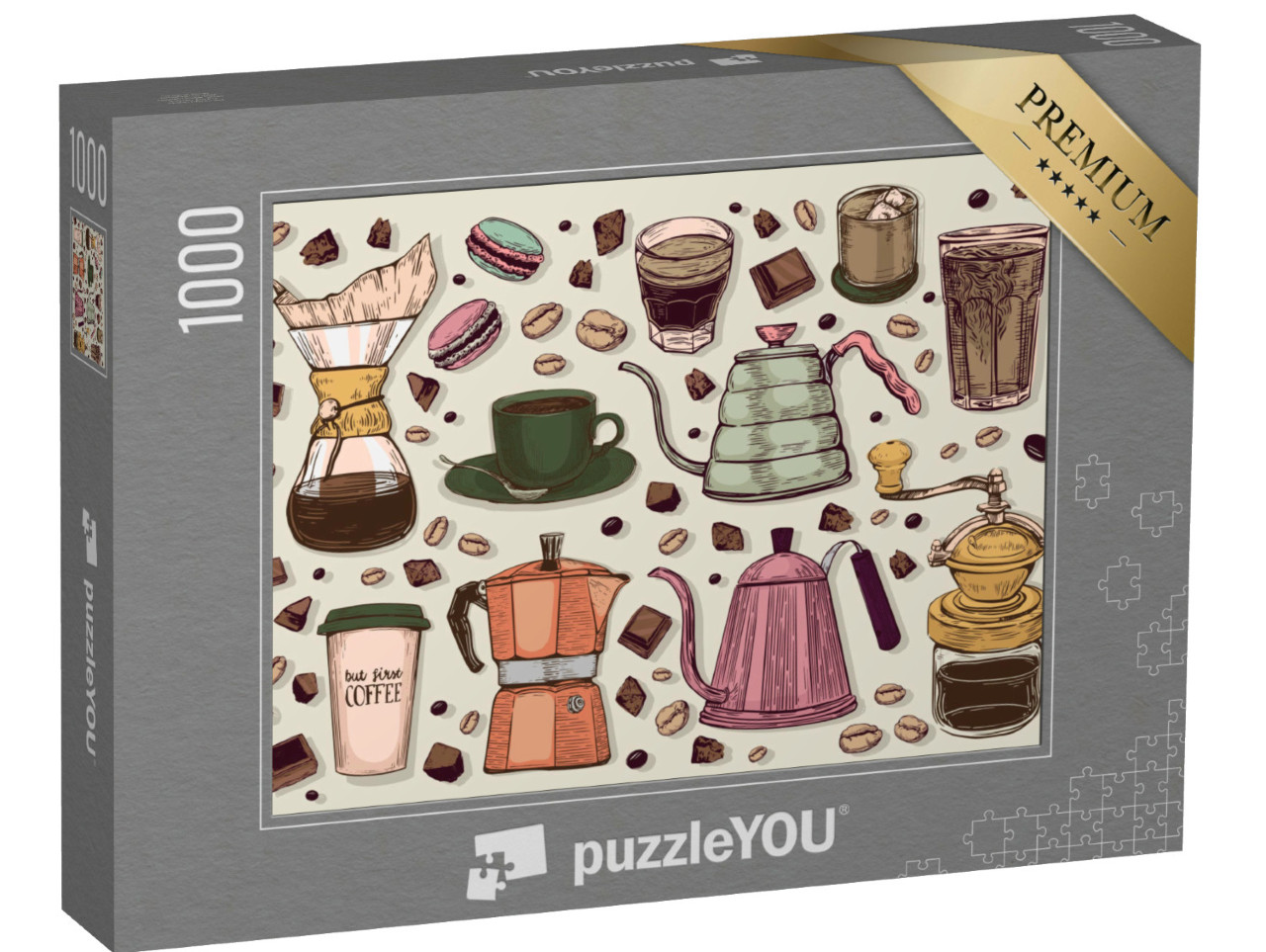 Puzzle 1000 pezzi „Grafica vettoriale in stile vintage: caffettiere e altro ancora“