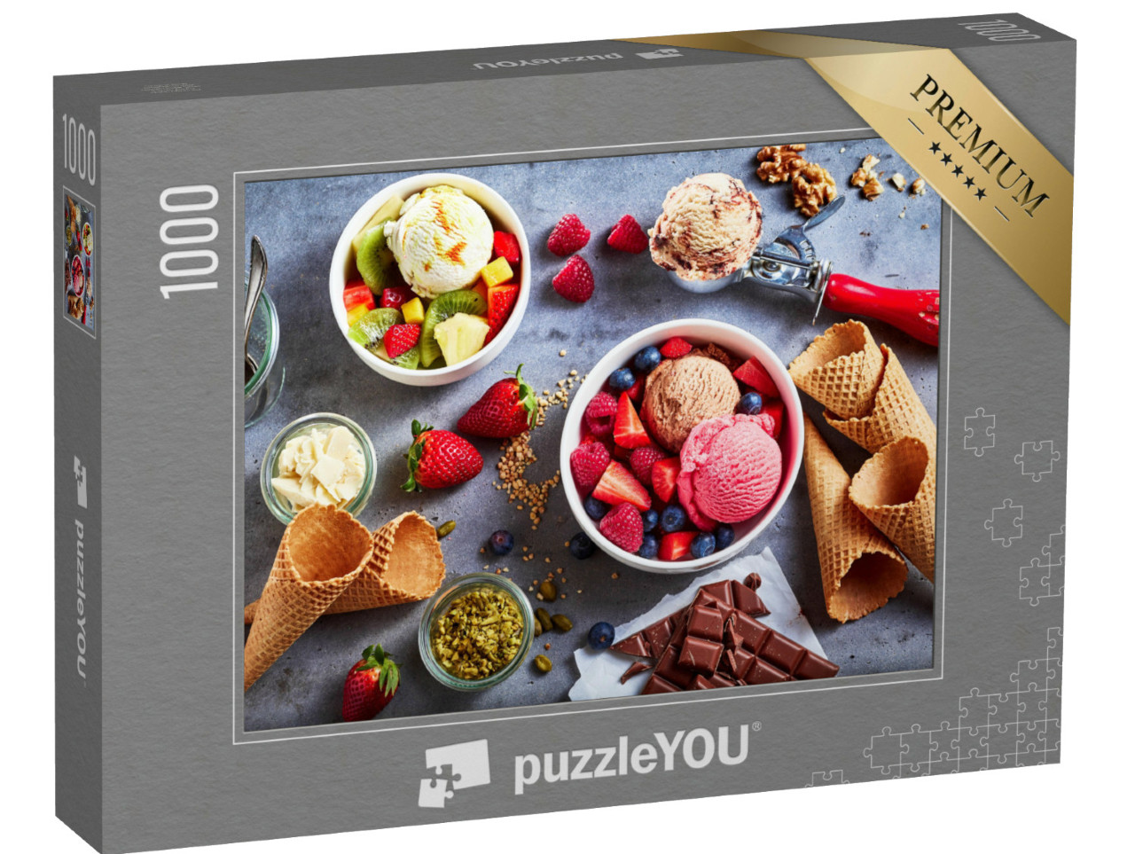 Puzzle 1000 pezzi „Palline colorate di gelato e frutta fresca“