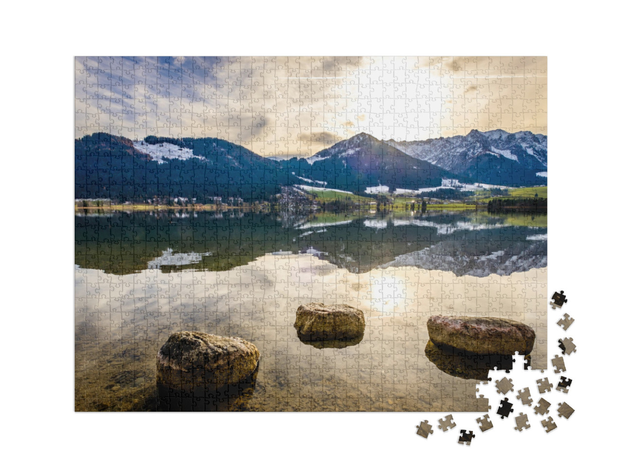Puzzle 1000 pezzi XXL „Wilder Kaiser e Zahmer Kaiser sul lago Walchsee in Austria“
