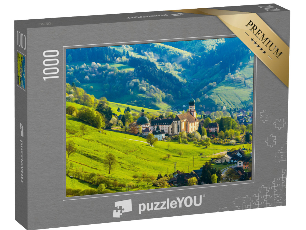 Puzzle 1000 pezzi „Pittoresco villaggio di montagna con case e monastero, Münstertal, Foresta Nera“