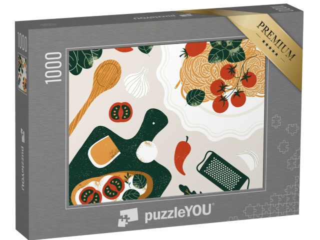 Puzzle 1000 pezzi „Sfondo di cibo italiano. Bruschetta con un piatto di pasta e altri elementi del cibo italiano“