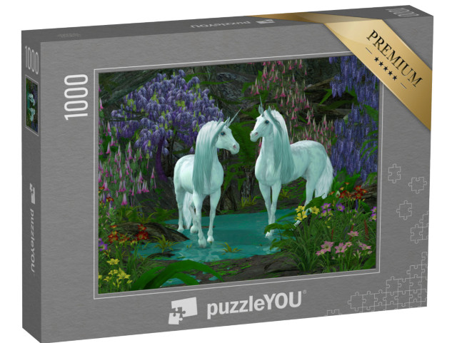 Puzzle 1000 pezzi „Due unicorni vicino a un ruscello con fiori di bosco“