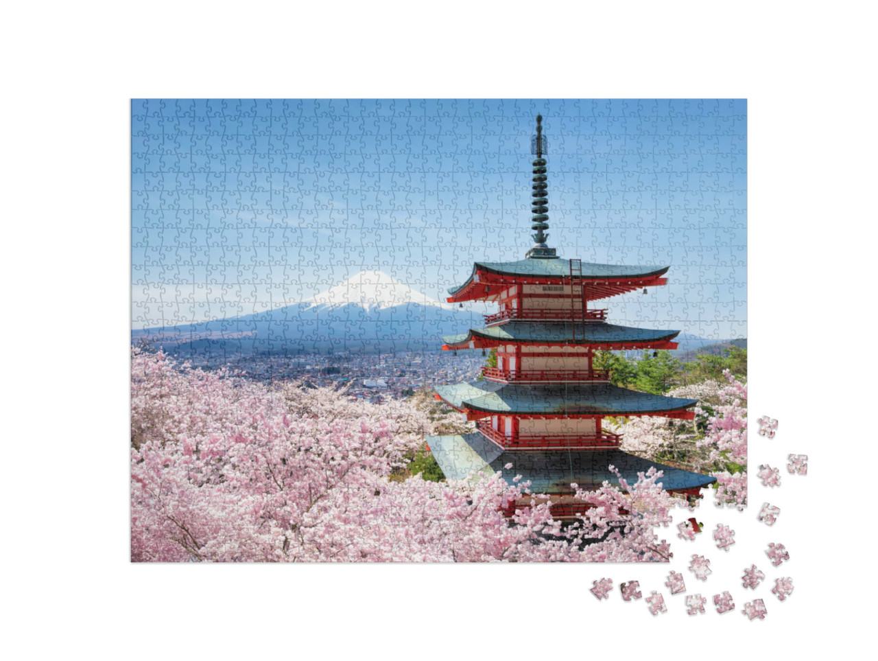 Puzzle 1000 pezzi „Pagoda Chureito e Monte Fuji nel mare di ciliegi in fiore, Giappone“
