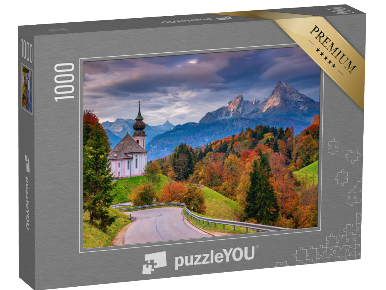 Puzzle 1000 pezzi „La chiesa di Maria Gern e il Watzmann in autunno, Baviera, Germania“