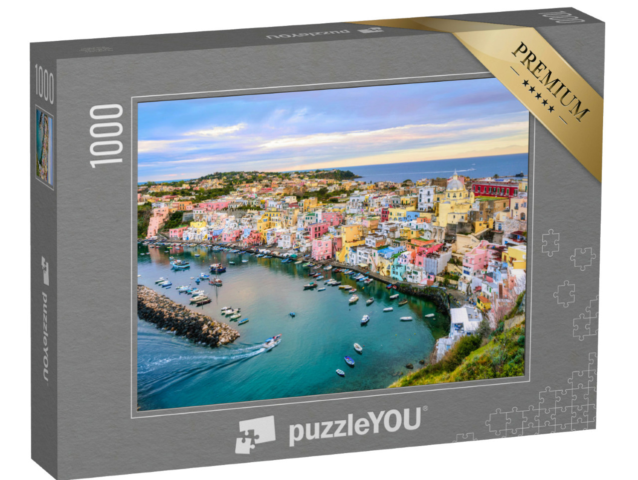 Puzzle 1000 pezzi „Isola di Procida, Napoli, Italia, case colorate nel porto di Marina di Corricella alla luce dell'alba“