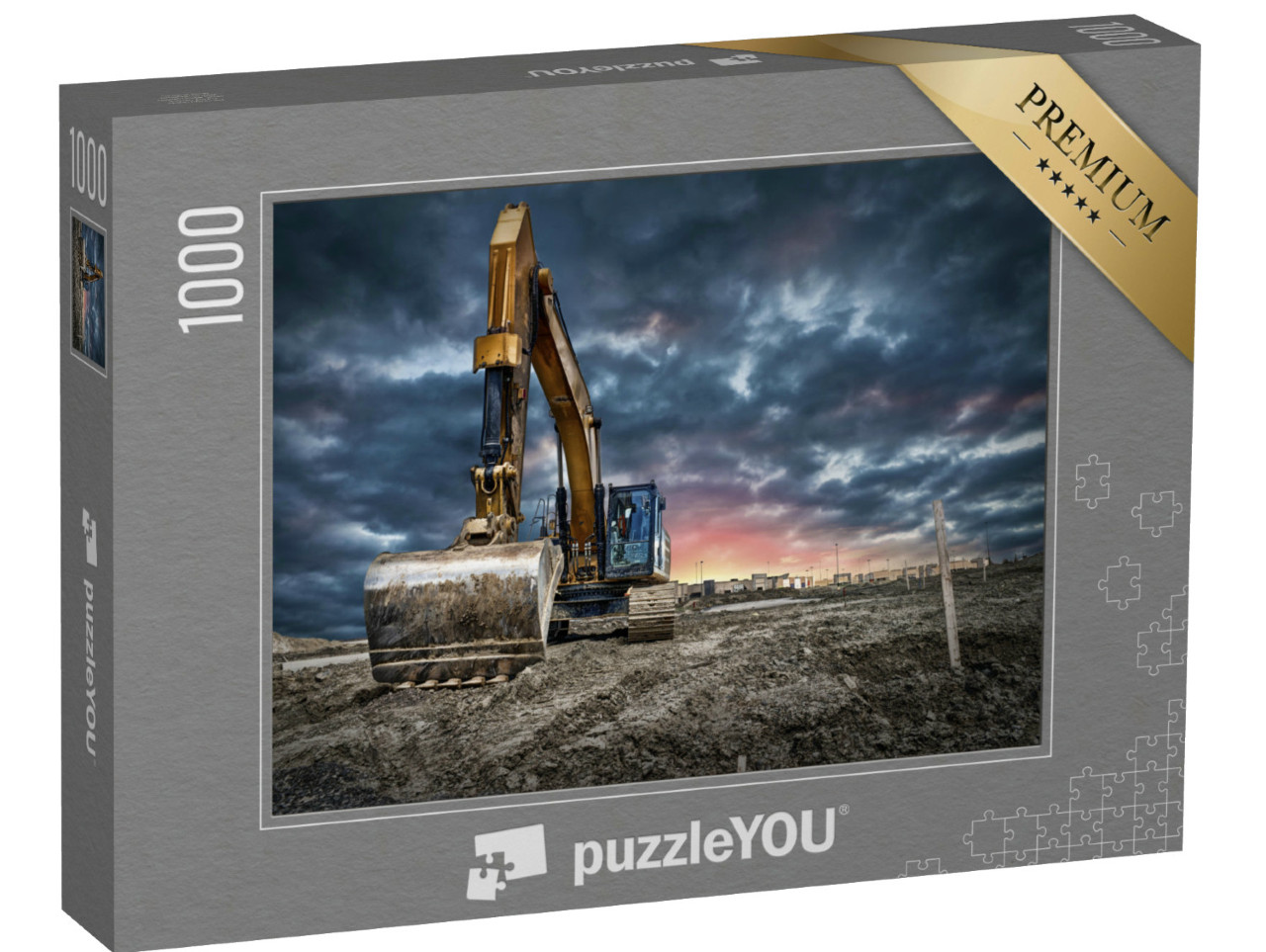 Puzzle 1000 pezzi „Macchine escavatrici in un cantiere al tramonto“