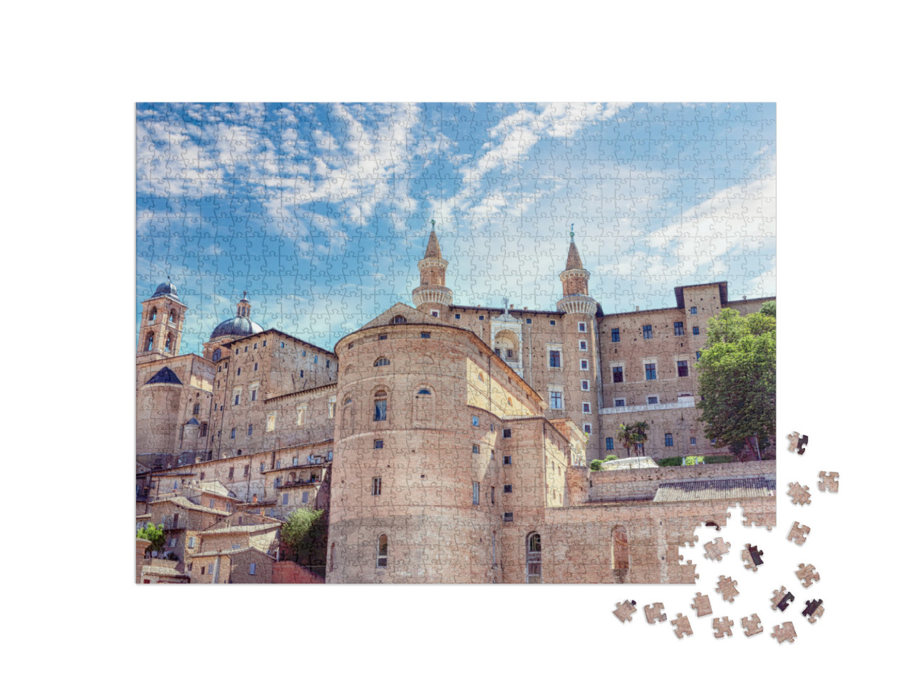 Puzzle 1000 pezzi „Urbino con il maestoso Palazzo Ducale. Palazzo Ducale, castello dei Duchi di Urbino, Italia“