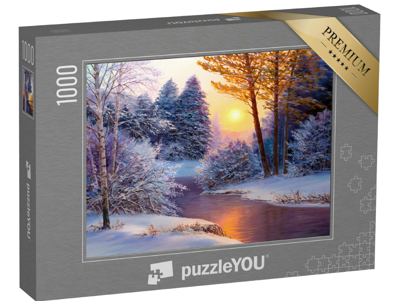 Puzzle 1000 pezzi „Paesaggio invernale con fiume, pittura a olio“