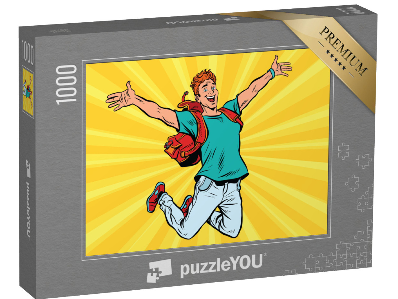 Puzzle 1000 pezzi „Giovane uomo che salta di gioia, fumetto pop art retrò“