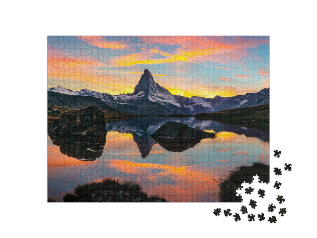 Puzzle 1000 pezzi „Vista mattutina dello Stellisee sul Cervino, Alpi, Svizzera“