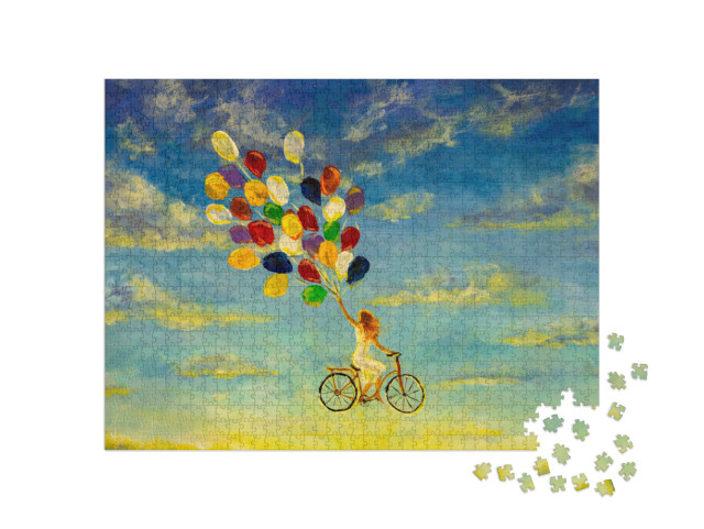 Puzzle 1000 pezzi „Ragazza in bicicletta vola nel cielo su palloncini colorati“