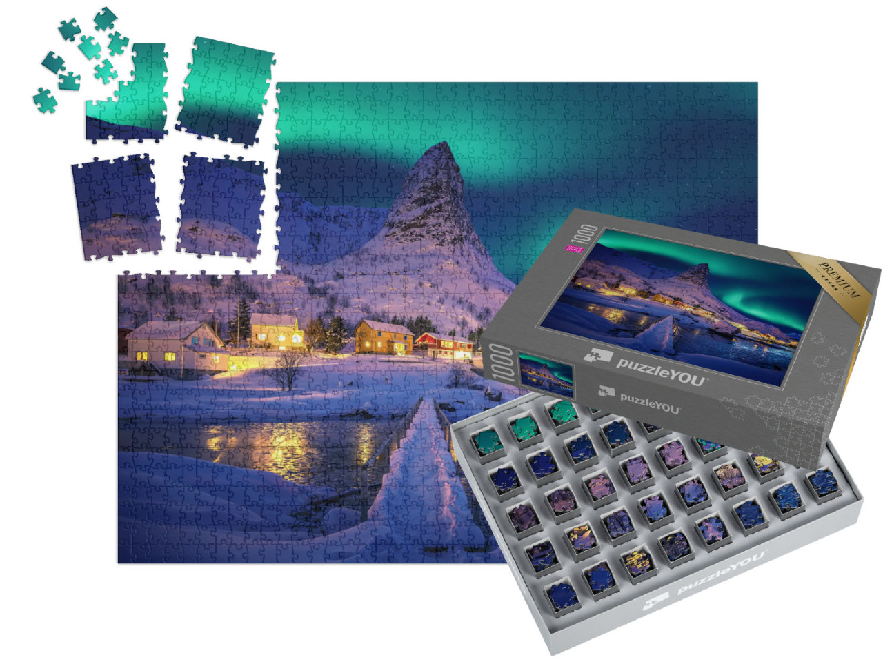 SMART SORTED® | Puzzle 1000 pezzi „L'aurora boreale nel paesaggio invernale delle Lofoten, Norvegia“