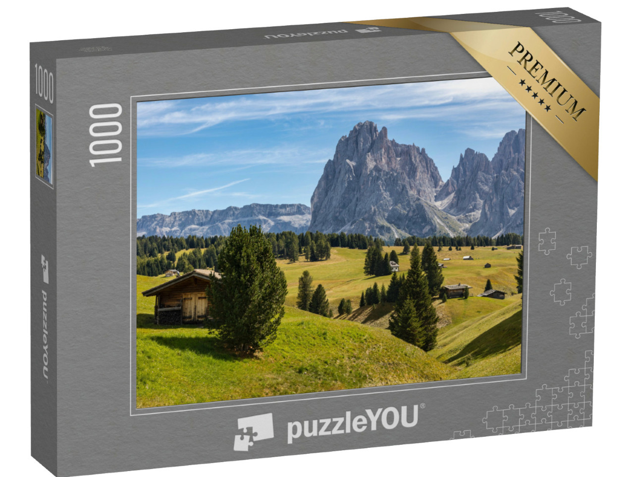 Puzzle 1000 pezzi „Vista panoramica delle tradizionali baite in legno sull'Alpe di Siusi con il Sassolungo sullo sfondo“
