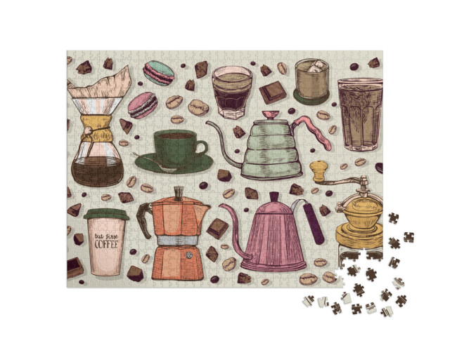 Puzzle 1000 pezzi „Grafica vettoriale in stile vintage: caffettiere e altro ancora“