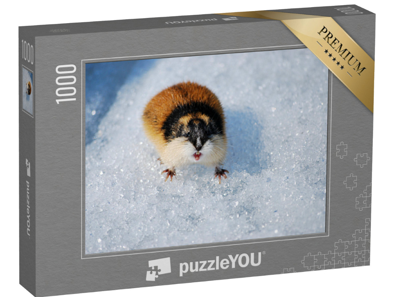 Puzzle 1000 pezzi „Un simpatico lemming sulla neve mostra i denti“