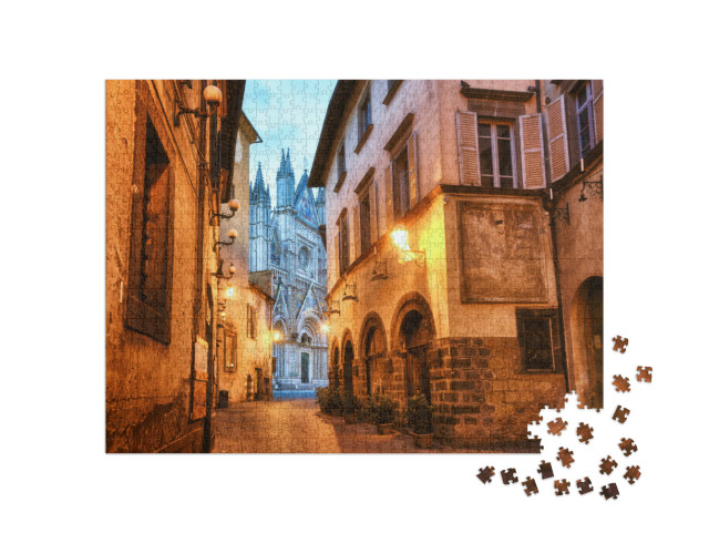Puzzle 1000 pezzi „Stretta via del centro storico di Orvieto, Italia, che conduce allo storico Duomo“