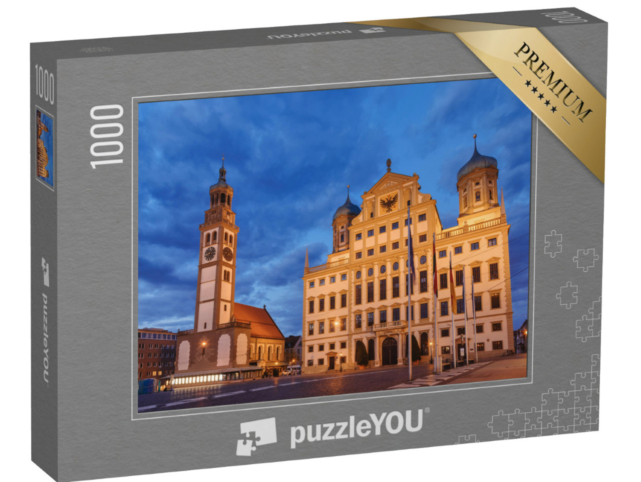 Puzzle 1000 pezzi „Perlachturm illuminata e Municipio di Augusta, Germania“