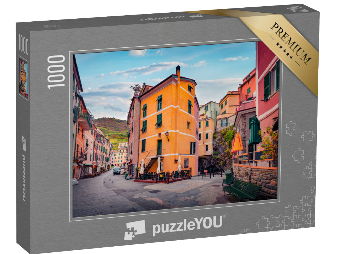 Puzzle 1000 pezzi „Bella vista mattutina della strada vuota del porto di Vernazza in Liguria“