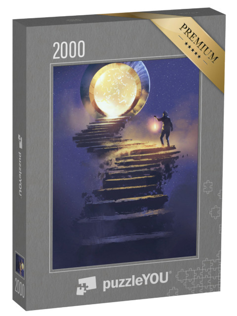 Puzzle 2000 pezzi „Uomo con lanterna su una scala di pietra che conduce a un cancello di fantasia“