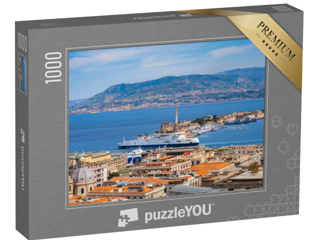 Puzzle 1000 pezzi „Lo Stretto di Messina tra Sicilia e Italia con la statua dorata della Madonna della Lettera“