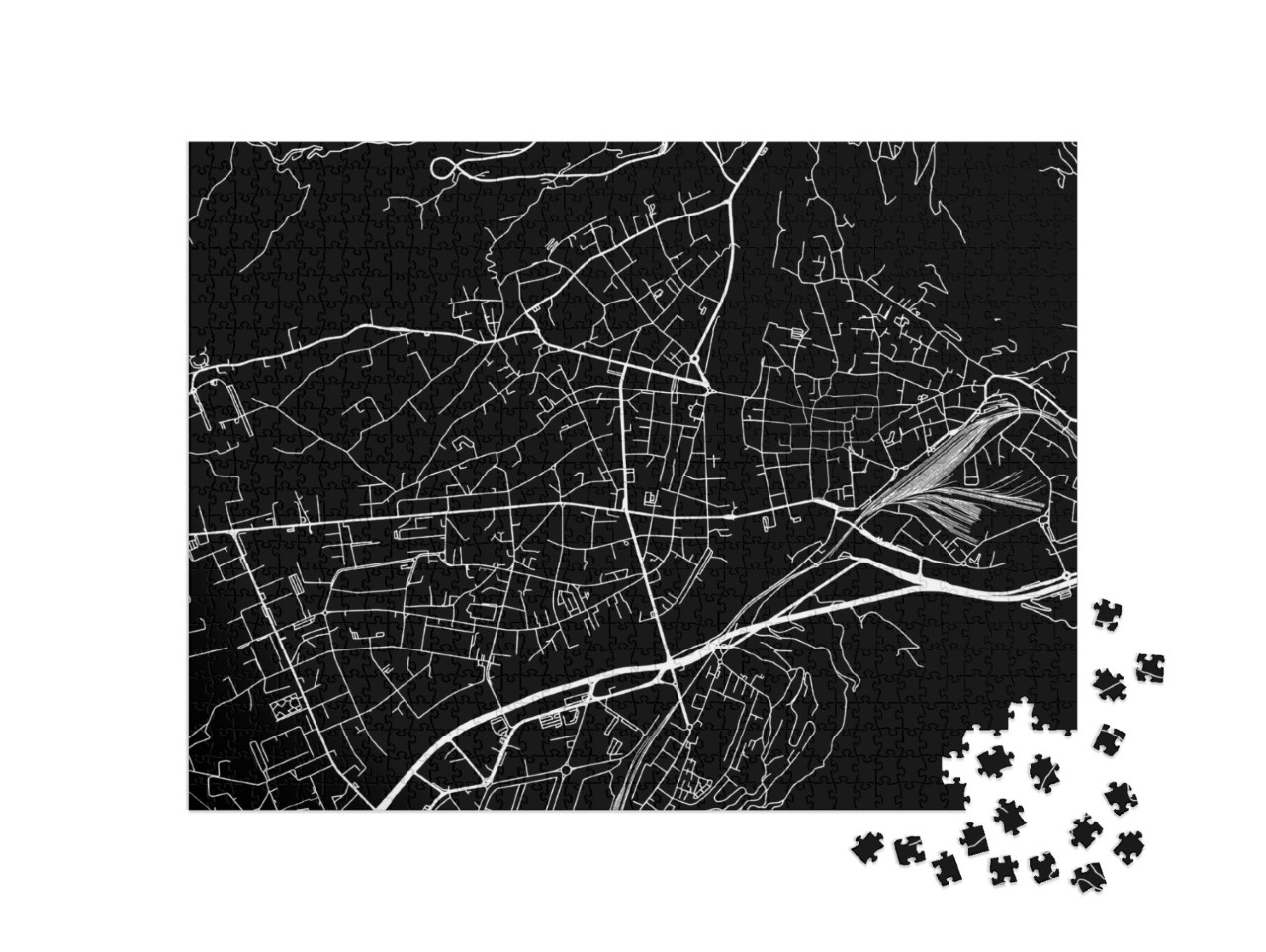 Puzzle 1000 pezzi „Pianta stradale della città di Bolzano in Italia in formato A4 con strade bianche su sfondo nero“
