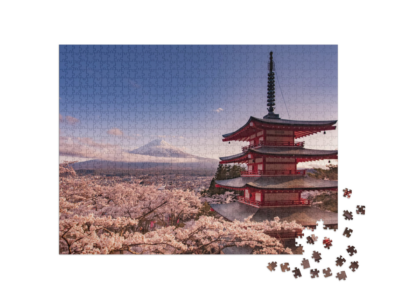 Puzzle 1000 pezzi „Il Monte Fuji e la Pagoda Chureito con i ciliegi in fiore, Giappone“