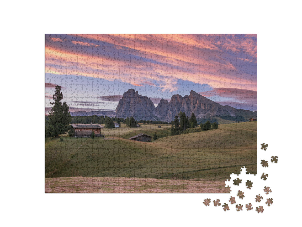 Puzzle 1000 pezzi „L'alba all'Alpe di Siusi nelle Dolomiti“