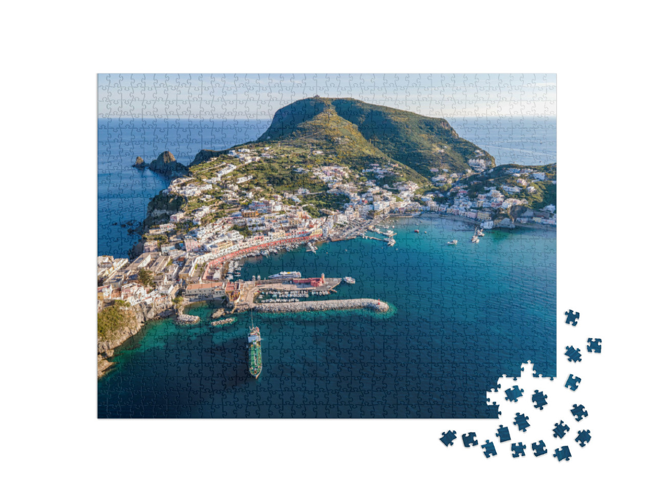 Puzzle 1000 pezzi „Vista aerea panoramica al tramonto del porto dell'isola di Ponza“