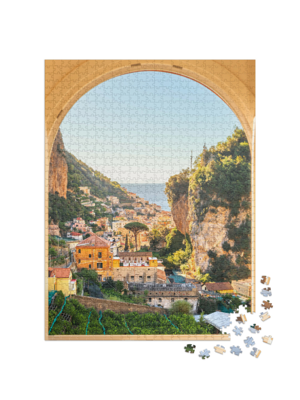Puzzle 1000 pezzi „Amalfi, Italia, sulla costa mediterranea, attraverso una finestra.“