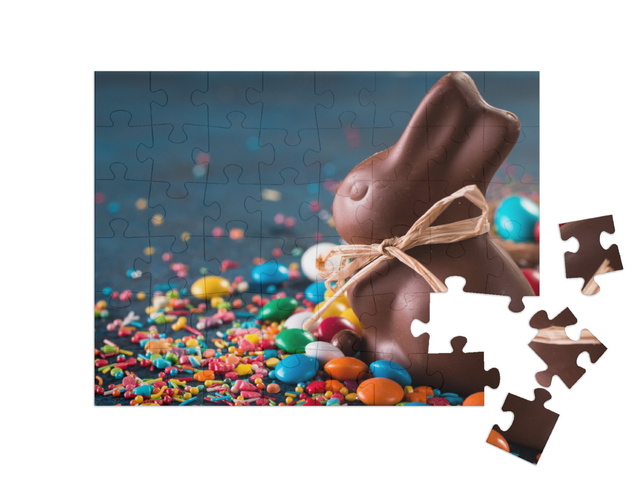 Puzzle 48 pezzi „Coniglietto pasquale di cioccolato e dolciumi colorati“
