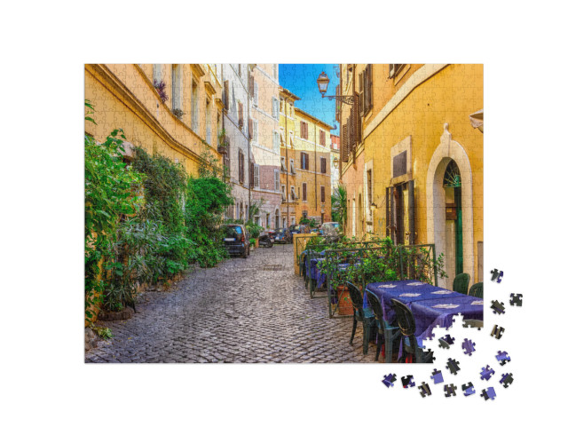 Puzzle 1000 pezzi „Un'accogliente strada antica di Trastevere a Roma, Italia, sulla sponda occidentale del Tevere, Lazio“