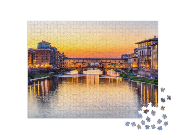 Puzzle 1000 pezzi „Veduta al tramonto di Ponte Vecchio sul fiume Arno a Firenze, Italia“