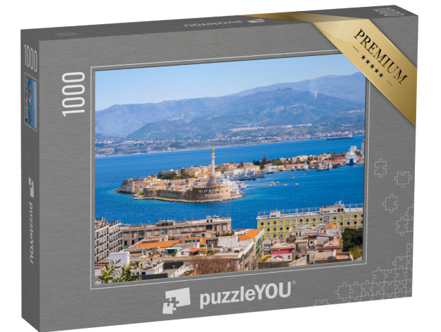 Puzzle 1000 pezzi „Veduta della città di Messina con la statua dorata della Madonna della Lettera e l'ingresso del porto“