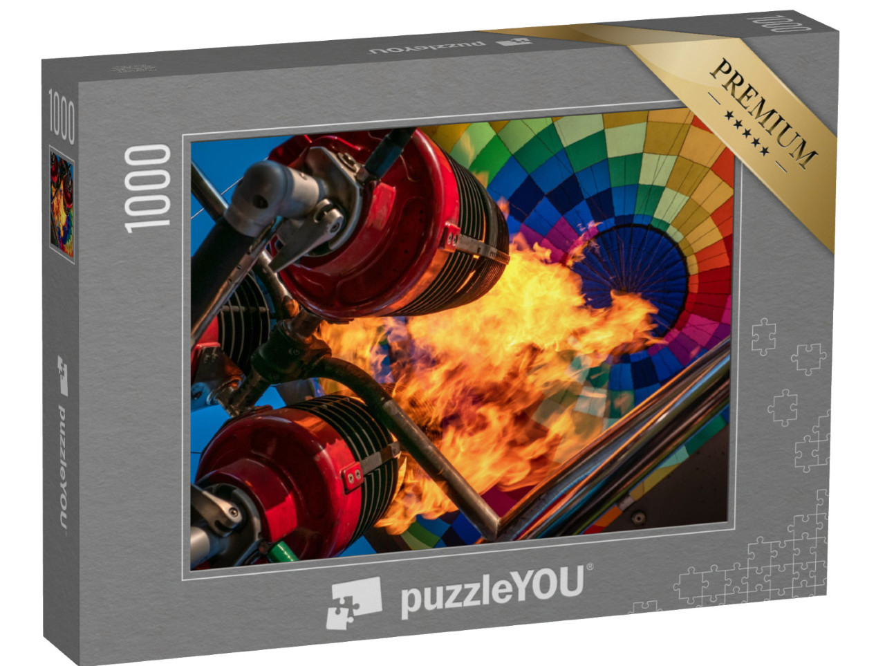 Puzzle 1000 pezzi „Sistema di bruciatori a gas in azione durante il riempimento di una mongolfiera“