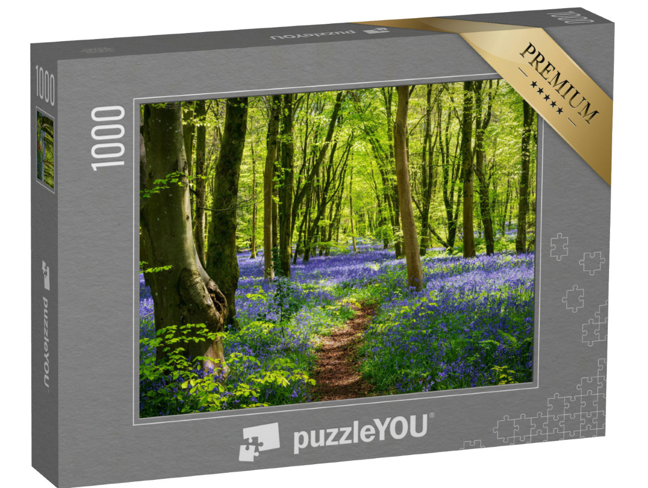 Puzzle 1000 pezzi „La luce del sole in un bosco di campanule con fiori blu intenso e viola“