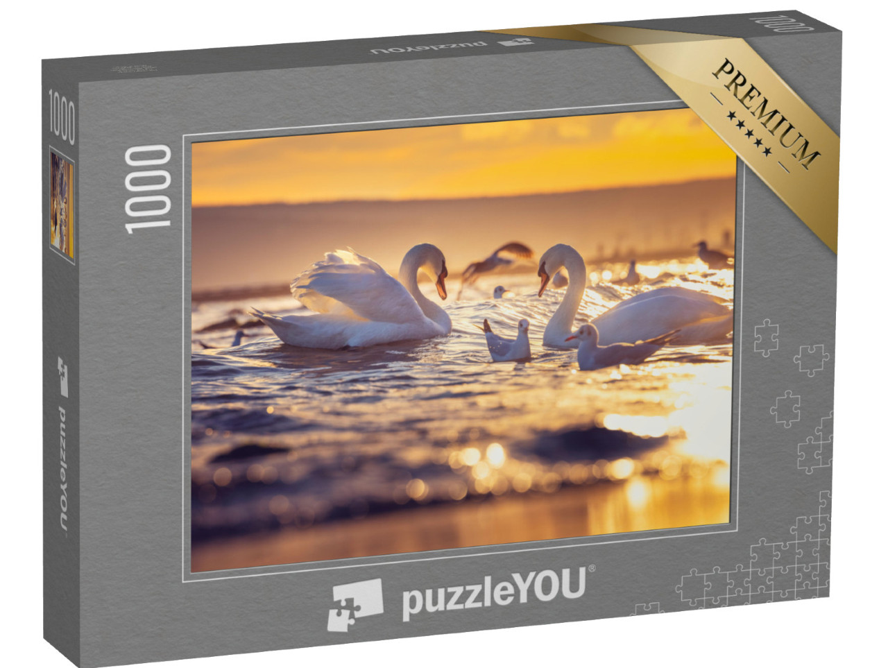 Puzzle 1000 pezzi „Cigni bianchi e gabbiani all'alba“