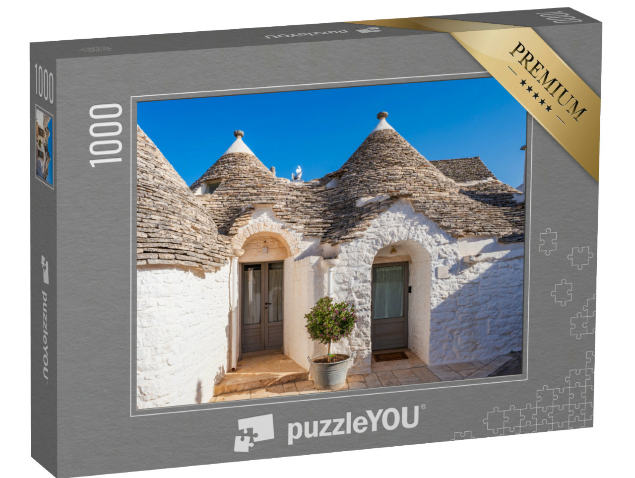 Puzzle 1000 pezzi „Famose case tradizionali in pietra a secco con tetti conici ad Alberobello, Italia.“