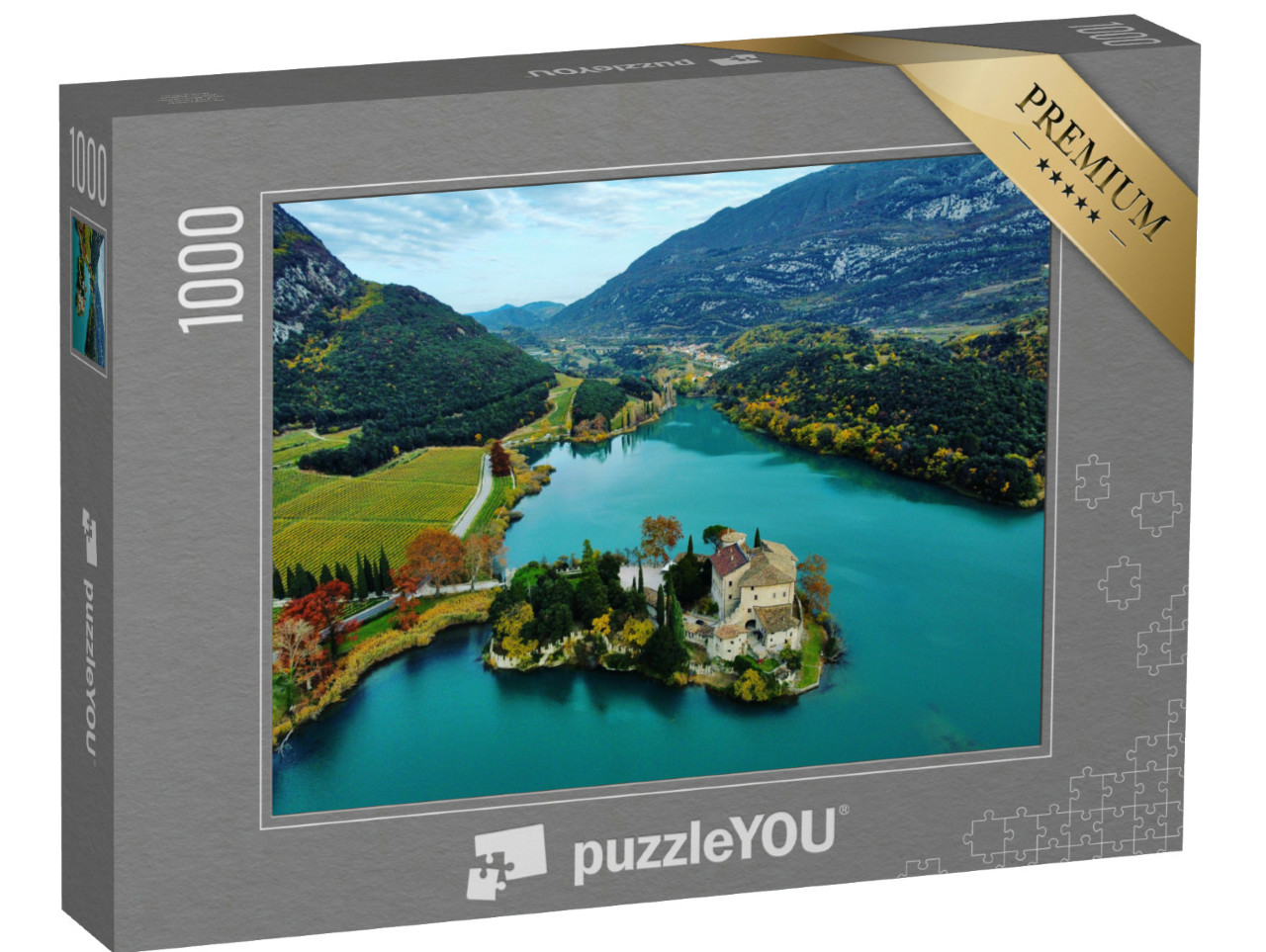 Puzzle 1000 pezzi „Castello di Toblino, veduta aerea del castello di Toblino in mezzo al lago a Trento“