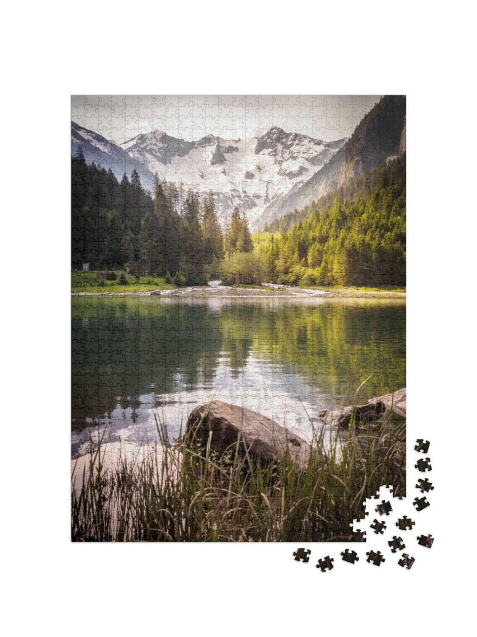 Puzzle 1000 pezzi „Una bella mattina d'estate al lago artificiale di Stillup nella Zillertal, in Tirolo“