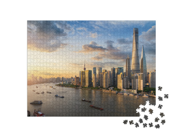 Puzzle 1000 pezzi „Vista sul fiume Huangpu e sullo skyline di Shanghai“