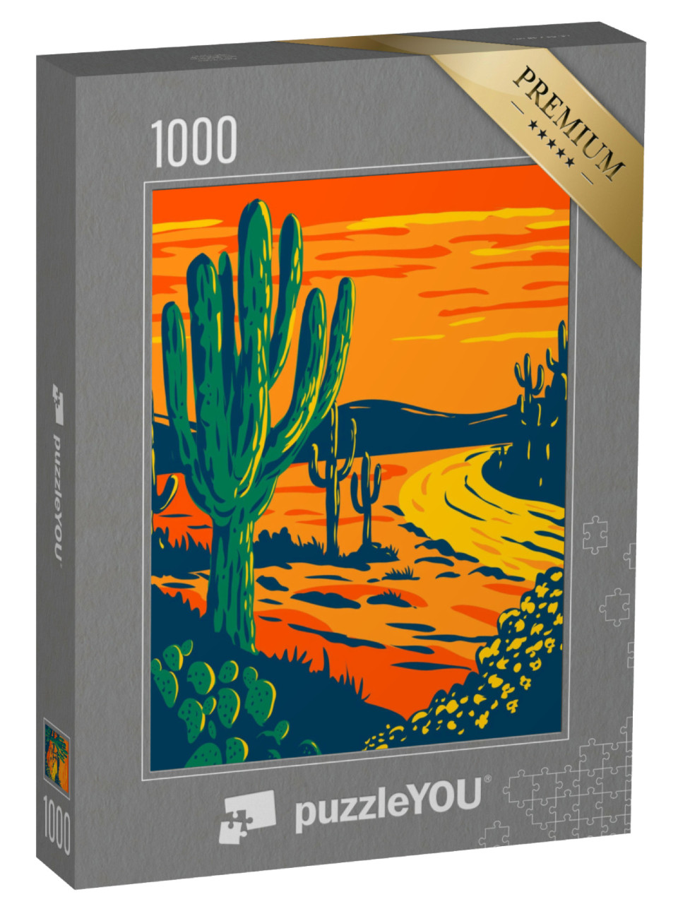 Puzzle 1000 pezzi „Illustrazione: Cactus Saguaro al tramonto, Parco Nazionale di Tucson Arizona“