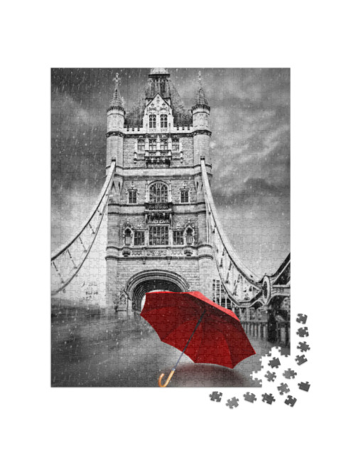 Puzzle 1000 pezzi „Ombrello rosso sul Tower Bridge di Londra, bianco e nero“