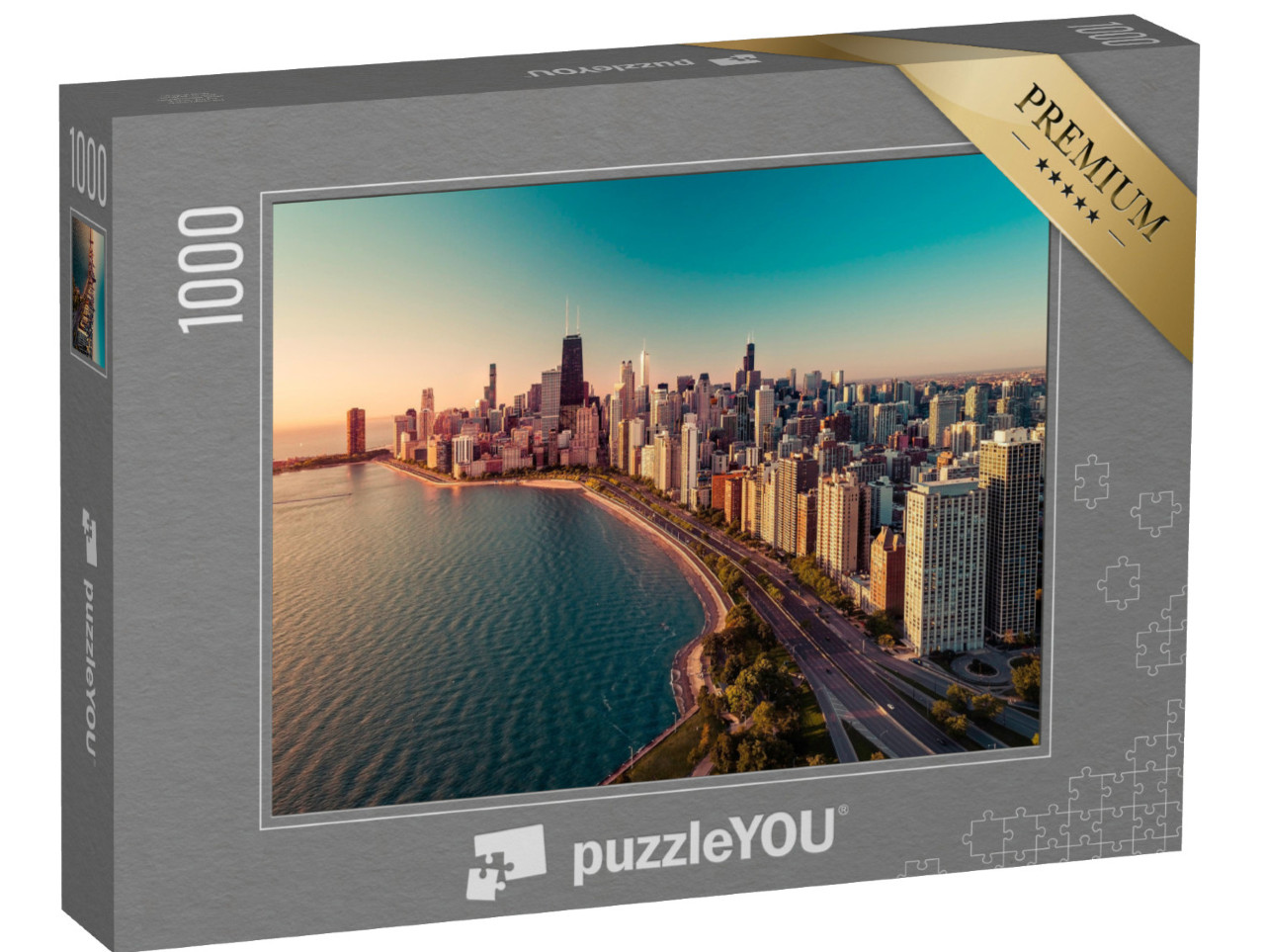 Puzzle 1000 pezzi „Lo skyline di Chicago con l'alba e il lago Michigan“