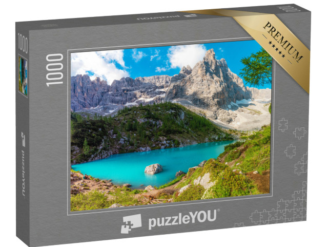 Puzzle 1000 pezzi „Vista panoramica del Lago Sorapis nelle Dolomiti, Cortina d'Ampezzo, Italia“