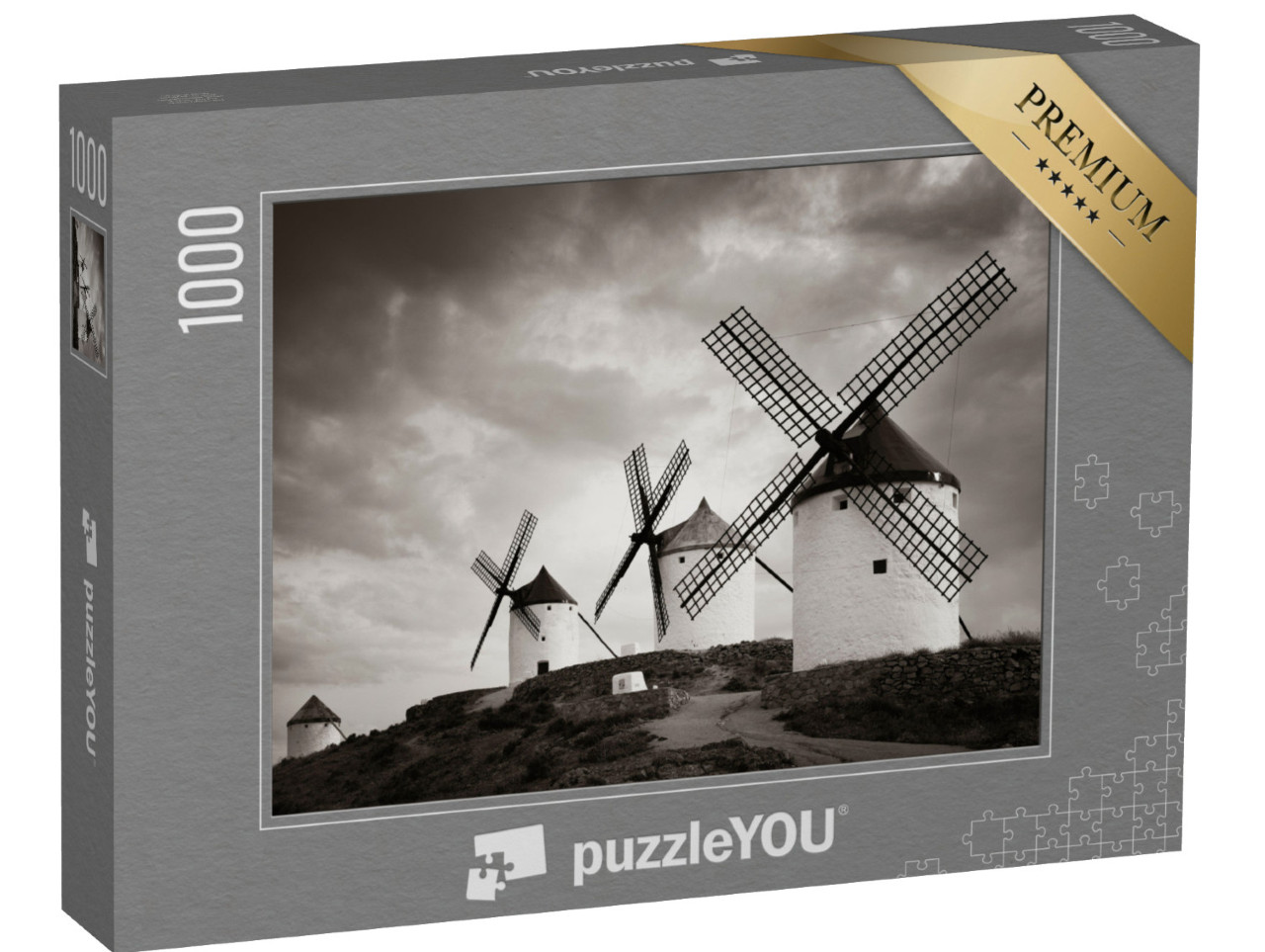 Puzzle 1000 pezzi „Mulini a vento a Consuegra, vicino a Toledo, in Spagna“