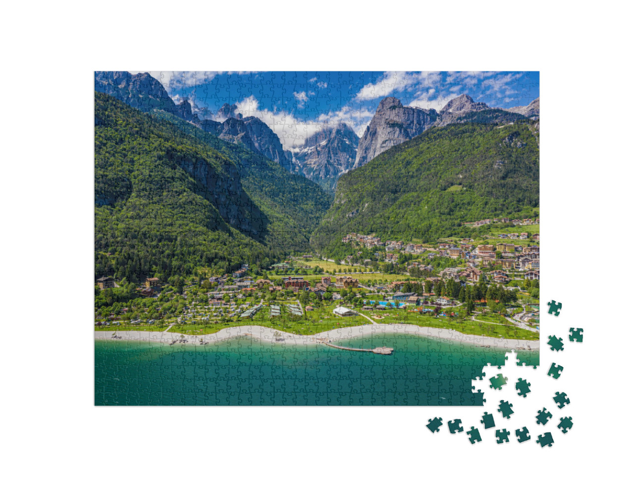 Puzzle 1000 pezzi „Panorama aereo del Lago di Molveno, Italia“