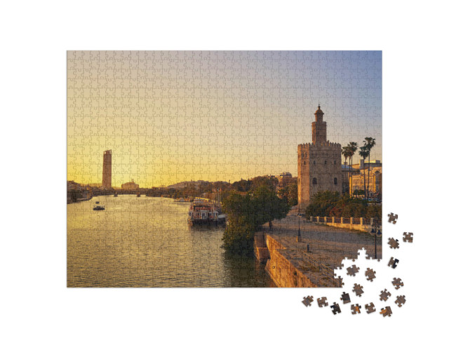 Puzzle 1000 pezzi „Tramonto su Siviglia: Torre del Oro, Spagna“