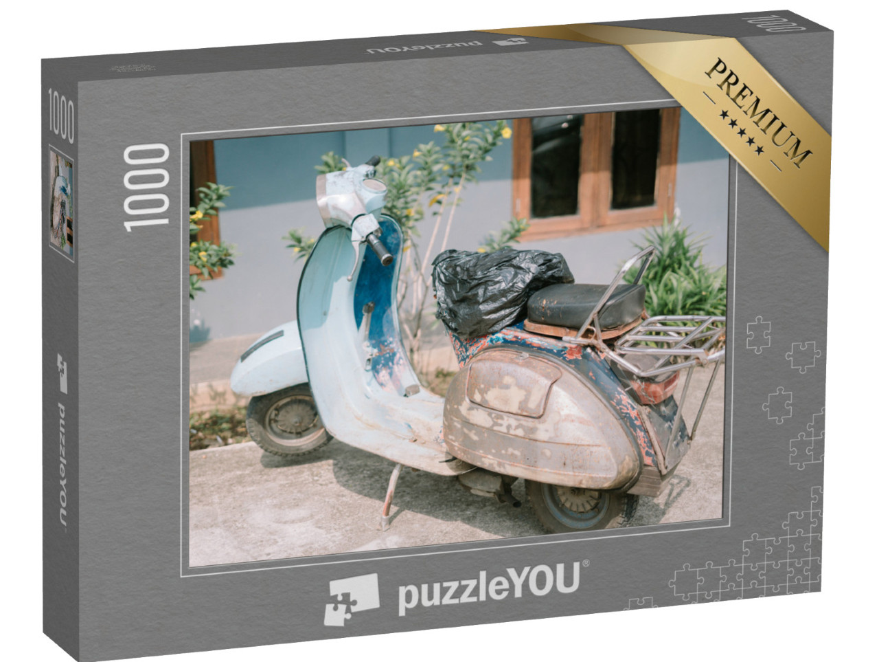 Puzzle 1000 pezzi „Scooter Vespa d'epoca che presenta segni di usura e che evoca nostalgia e carattere in un contesto urbano“