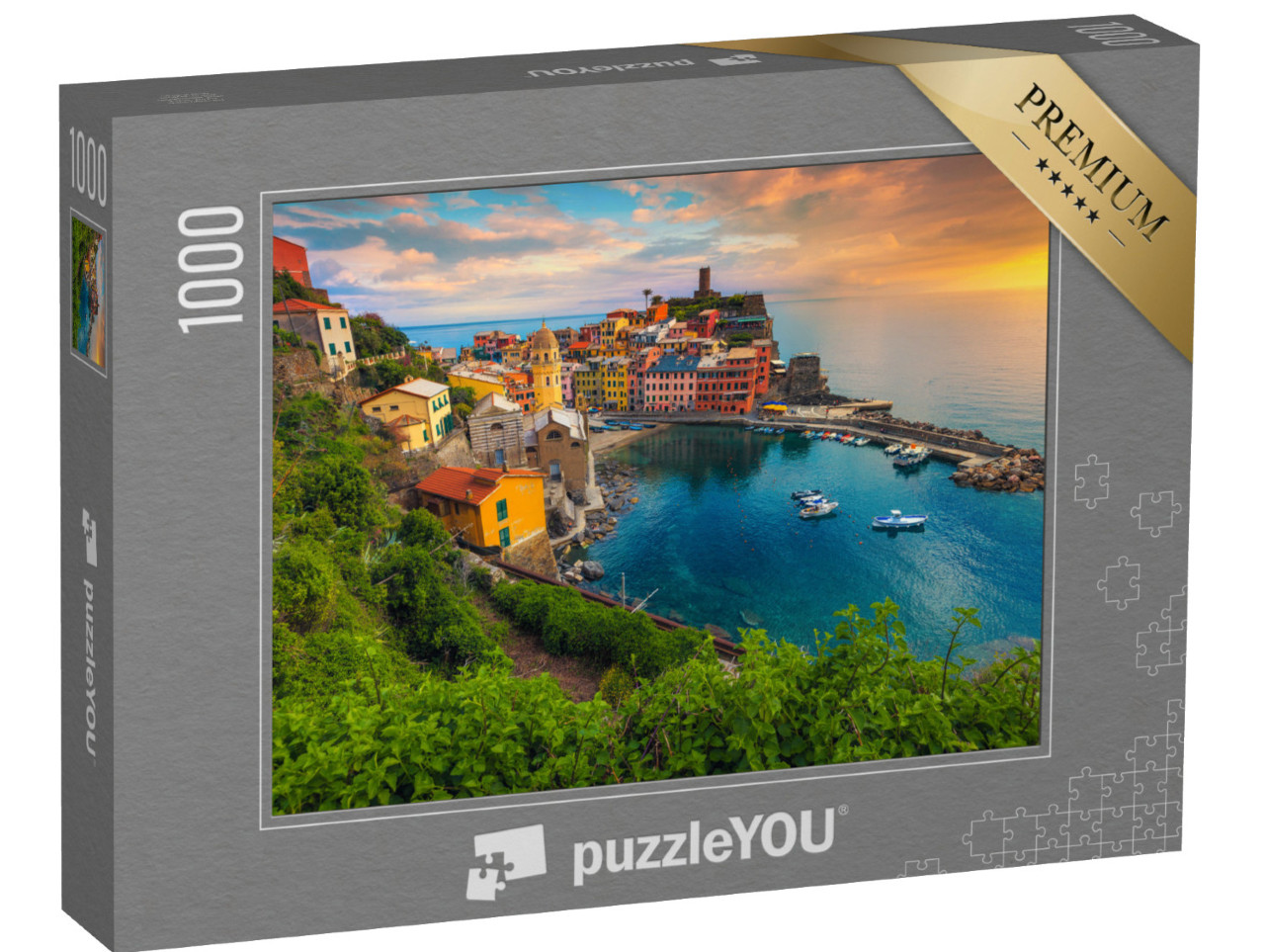 Puzzle 1000 pezzi „Vista del famoso villaggio di Vernazza con case colorate e piccolo porto al tramonto, Cinque Terre“