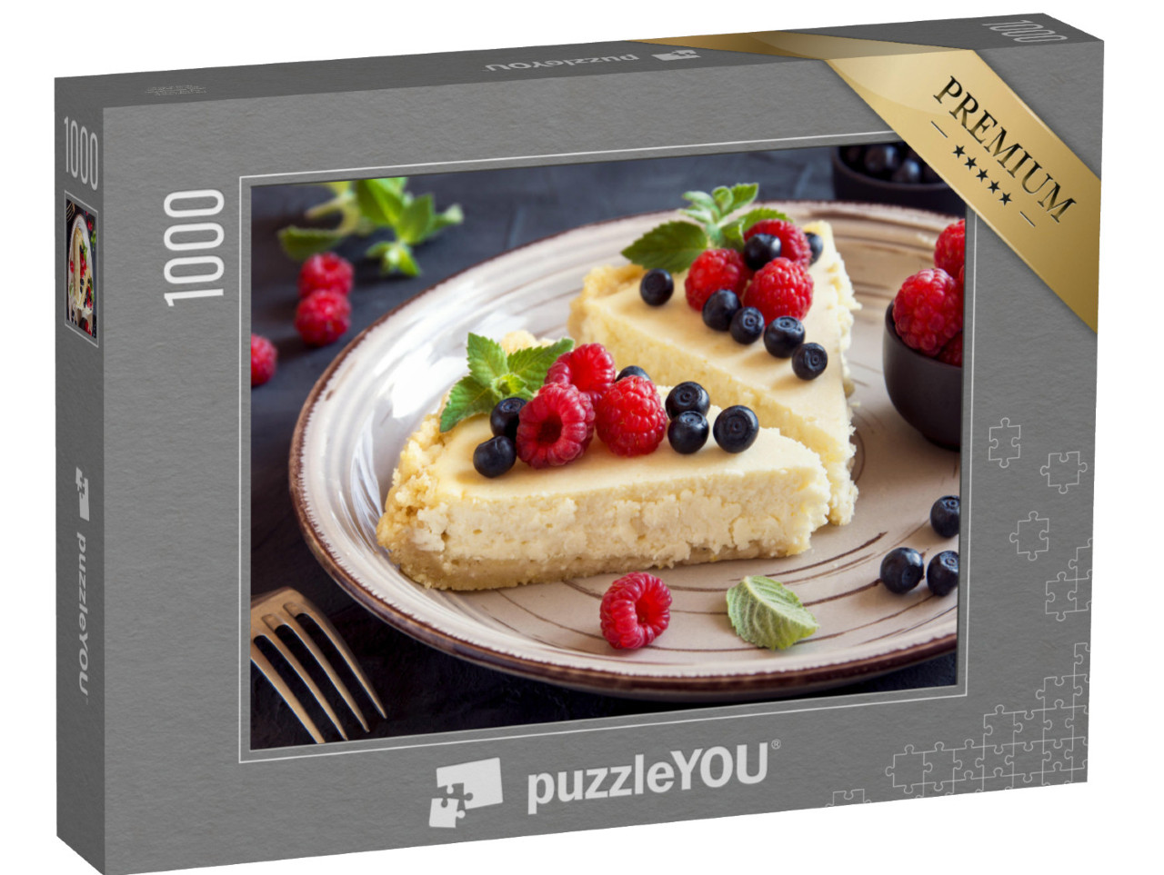 Puzzle 1000 pezzi „Cheesecake fatta in casa con frutti di bosco freschi e menta“